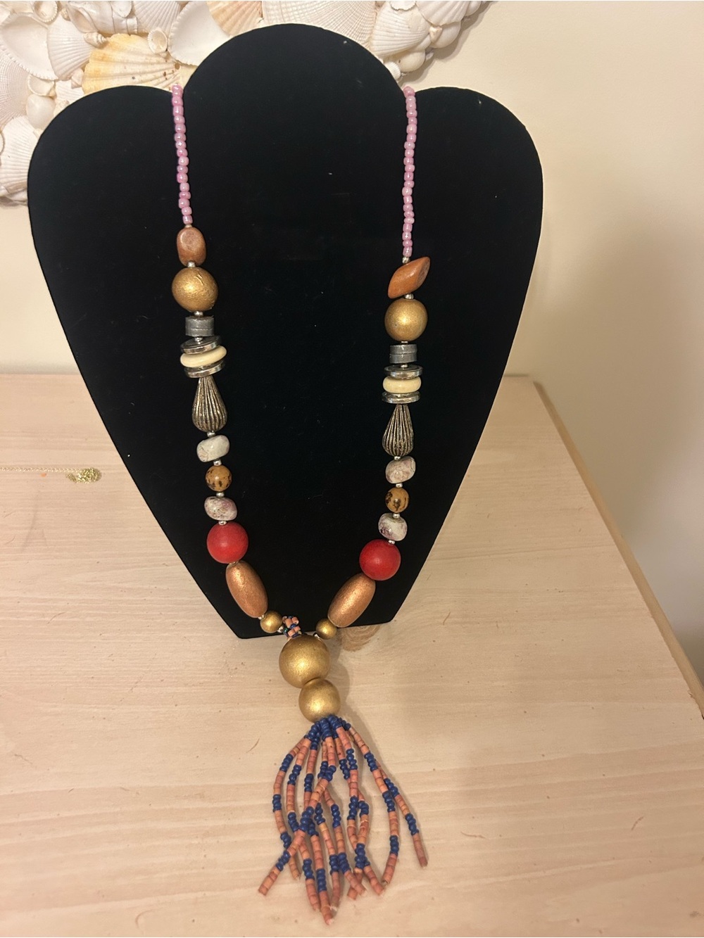 Boho Statement Tassel Necklace Wood Bead Gold Red Artisan Tribal Style